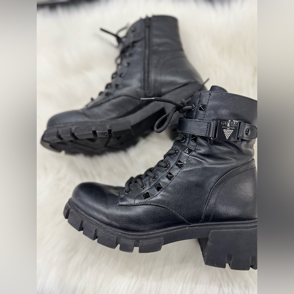 Guess Black Stud-Trim Combat Boots with Ankle Strap